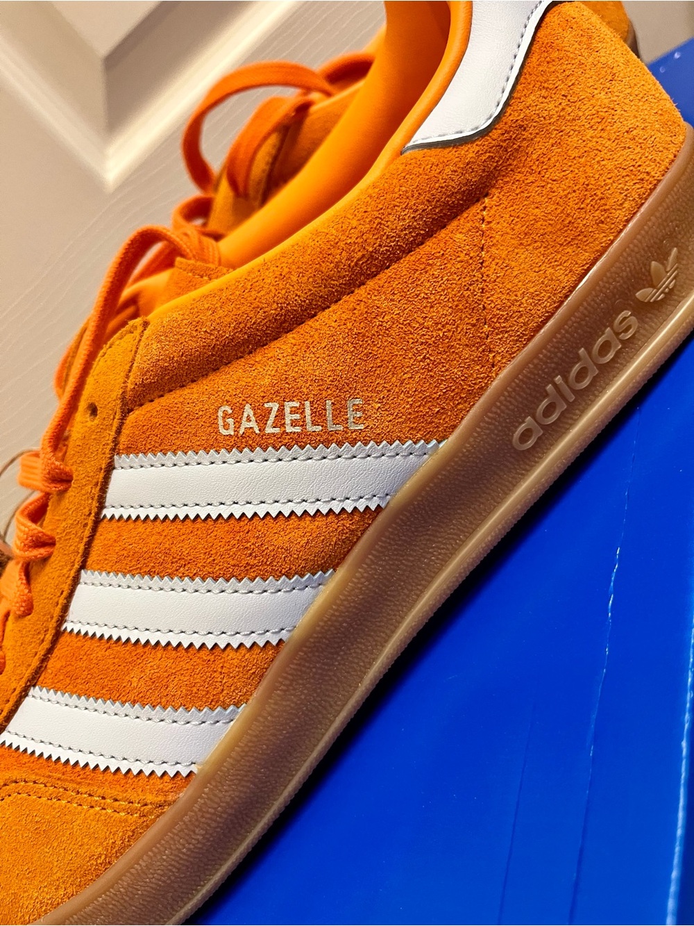 adidas Gazelle Men’s Orange Suede Sneakers with White Stripes - Picture 2 of 5